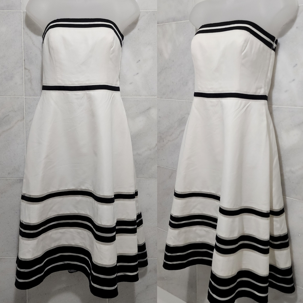 Ann Taylor Silk Strapless White Dress Color Block Fit and Flare 2